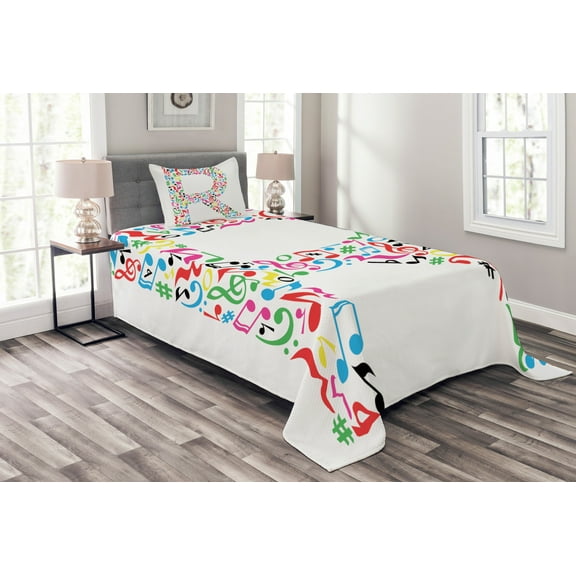 Ambesonne Letter R Quilted Bedspread Set 2 Pcs, Cool and Musical Font, Twin Size, Multicolor