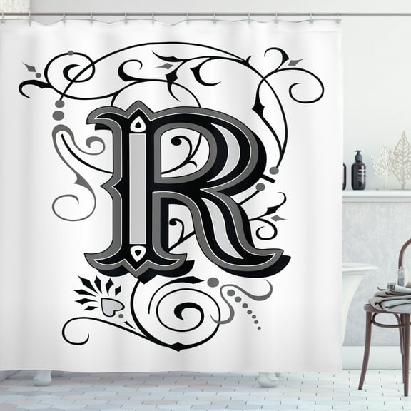 Ambesonne Letter R Shower Curtain, Antique R Typography, 69"Wx70"L, Black Grey White
