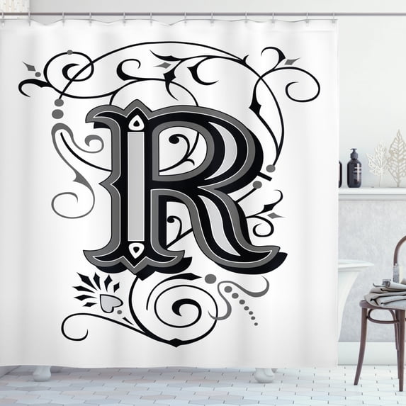 Ambesonne Letter R Shower Curtain, Antique R Typography, 69"Wx84"L, Black Grey White