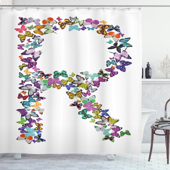 Ambesonne Letter R Shower Curtain, Butterfly Composition, 69"Wx70"L, Multicolor