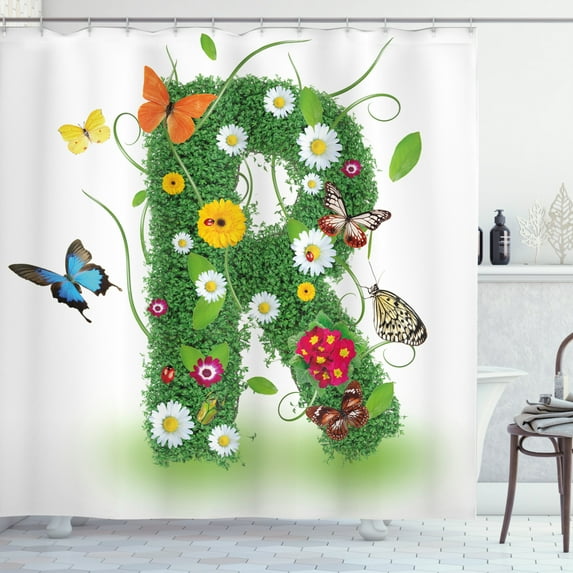Ambesonne Letter R Shower Curtain, Flora and Fauna R, 69"Wx75"L, Green Multicolor