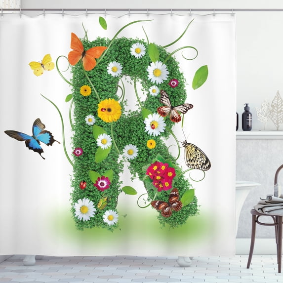 Ambesonne Letter R Shower Curtain, Flora and Fauna R, 69"Wx84"L, Green Multicolor