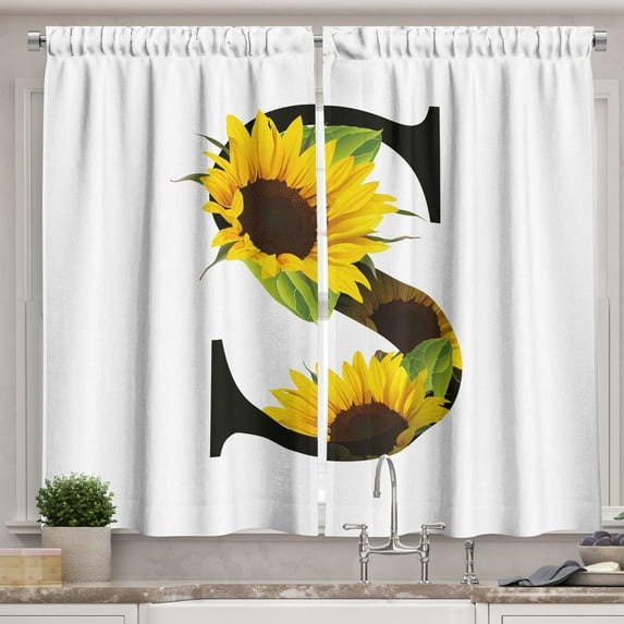 Ambesonne Letter S Kitchen Curtains, Sunflower Art Design, 55"x45", Yellow Green Black