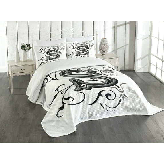 Ambesonne Letter S Quilted Bedspread Set 3 Pcs, Monochrome Uppercase S, Queen Size, Black Grey White