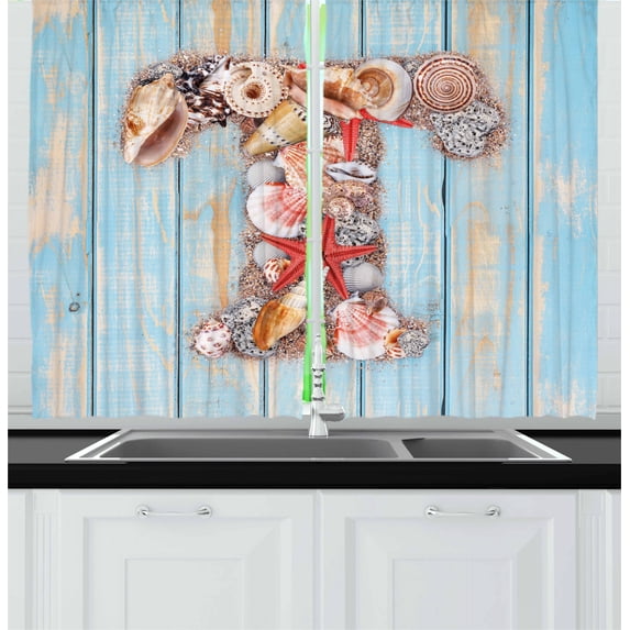 Ambesonne Letter T Kitchen Curtains, Marine T Invertebrates, 55"x45", Dark Coral Pale Blue