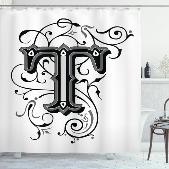Ambesonne Letter T Shower Curtain, Symmetrical Monochrome, 69"Wx84"L, Black Grey White