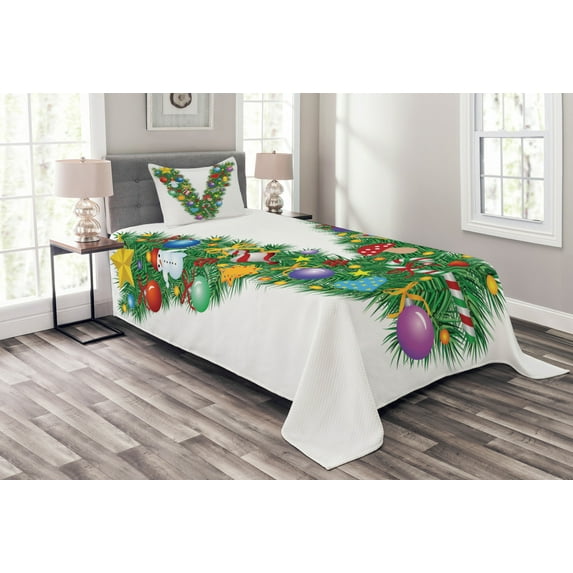Ambesonne Letter V Quilted Bedspread Set 2 Pcs, Ornamental Tree Bells, Twin Size, Multicolor