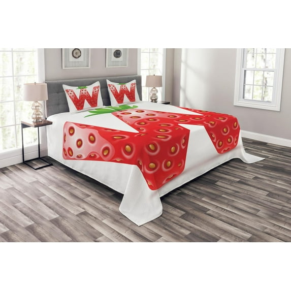 Ambesonne Letter W Quilted Bedspread Set 3 Pcs, Capital W Strawberry, King Size, Vermilion Green Orange