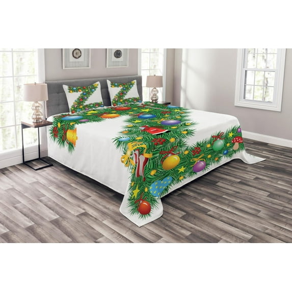 Ambesonne Letter Z Quilted Bedspread Set 3 Pcs, Traditional Font Xmas, King Size, Multicolor
