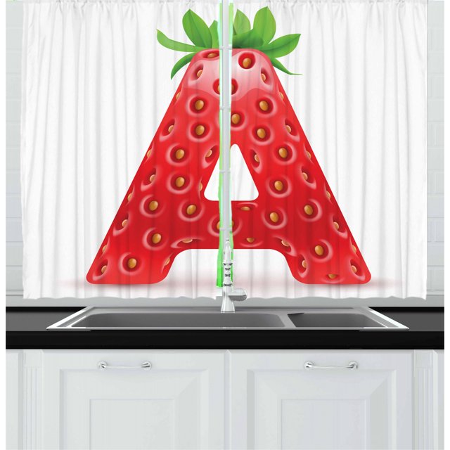 Ambesonne Letter a Kitchen Curtains, Fun Strawberry Theme, 55"x45", Vermilion Green Orange