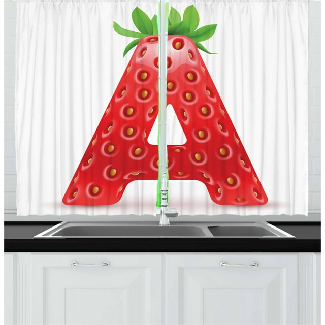 Ambesonne Letter a Kitchen Curtains, Fun Strawberry Theme, 55"x45", Vermilion Green Orange