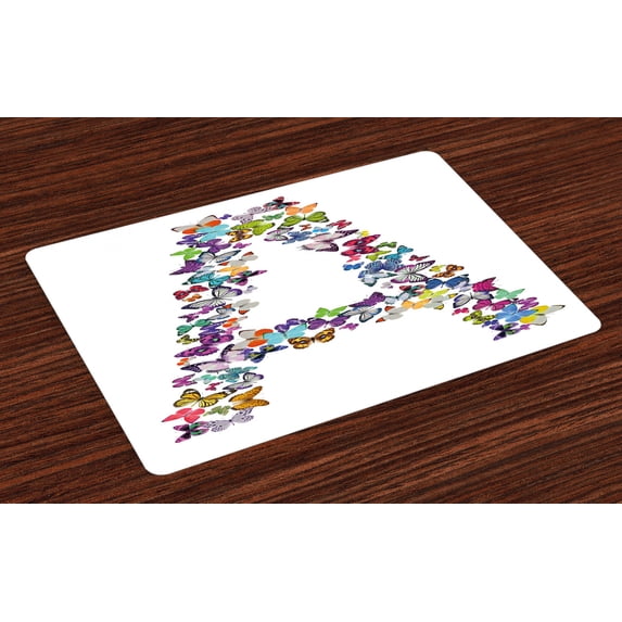 Ambesonne Letter a Place Mats Set of 4, Butterfly Font Style, Standard Size, Multicolor