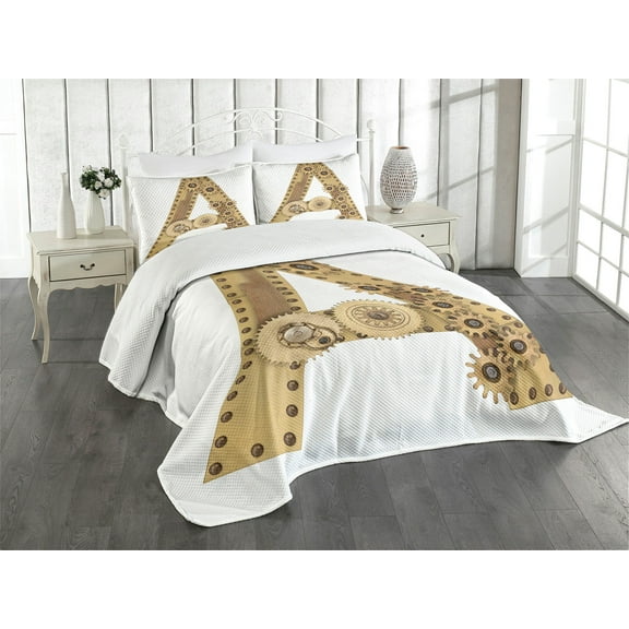 Ambesonne Letter a Quilted Bedspread Set 3 Pcs, Steampunk Capital, King Size, Sand Brown