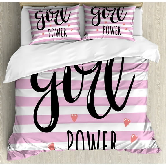 Ambesonne Lettering Duvet Cover Sets, Girl Power and Hearts, 2-Queen, Pale Pink Charcoal Grey