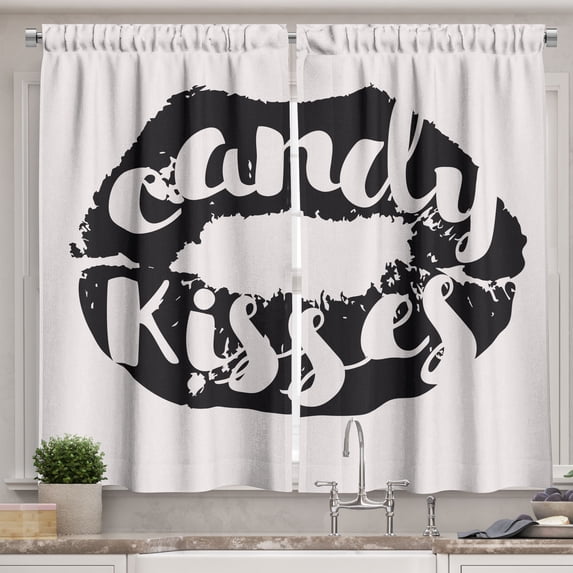 Ambesonne Lettering Kitchen Curtains, Candy Kisses Wording Lips, 55"x39", Pearl and Black