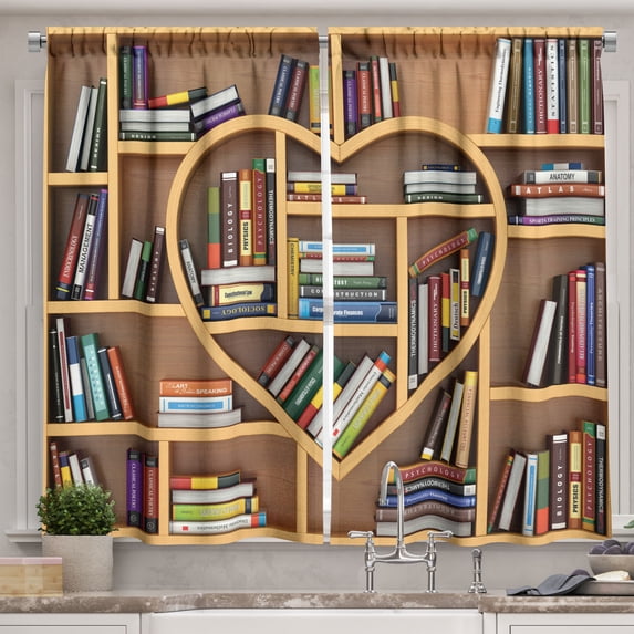 Ambesonne Library Kitchen Curtains, Love Reading Books Heart, 55"x39", Multicolor
