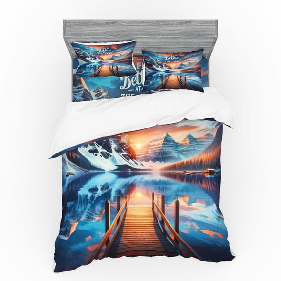 Ambesonne Life is Better at the Lake Bedding Set 4 Pcs, Sunset, King, Orange Azure Blue