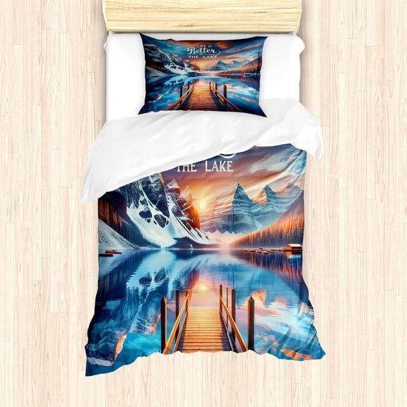 Ambesonne Life is Better at the Lake Duvet Cover Set, Sunset, Twin, Orange Azure Blue