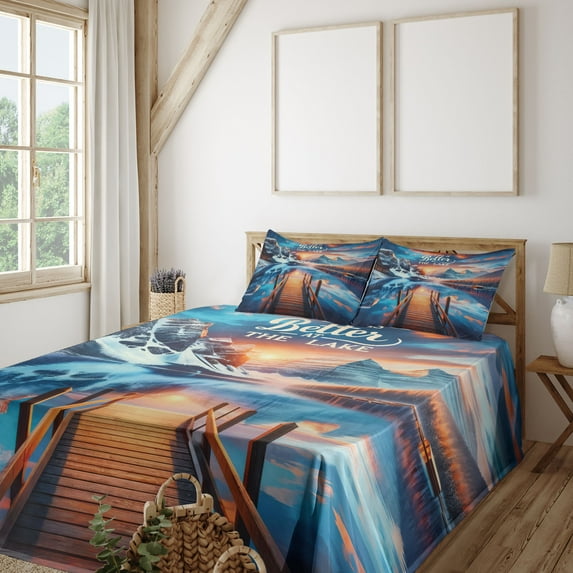Ambesonne Life is Better at the Lake Fitted & Top Sheet Set with Sham, Sunset, Orange Azure Blue