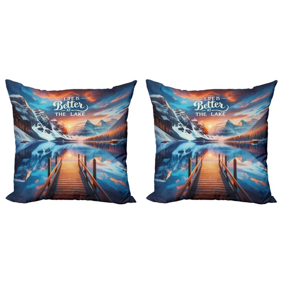 Ambesonne Life is Better at the Lake Throw Pillow Cover 2 Pack, Sunset, 24", Orange Azure Blue
