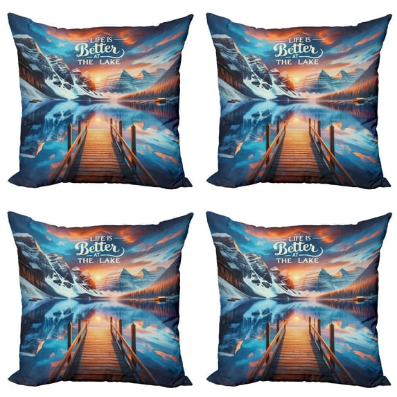 Ambesonne Life is Better at the Lake Throw Pillow Cover 4 Pack, Sunset, 18", Orange Azure Blue