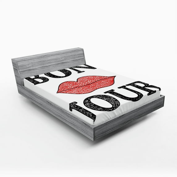 Ambesonne Lifestyle Fitted Sheet, Vintage Bon Jour Words, Full Size, Black Red