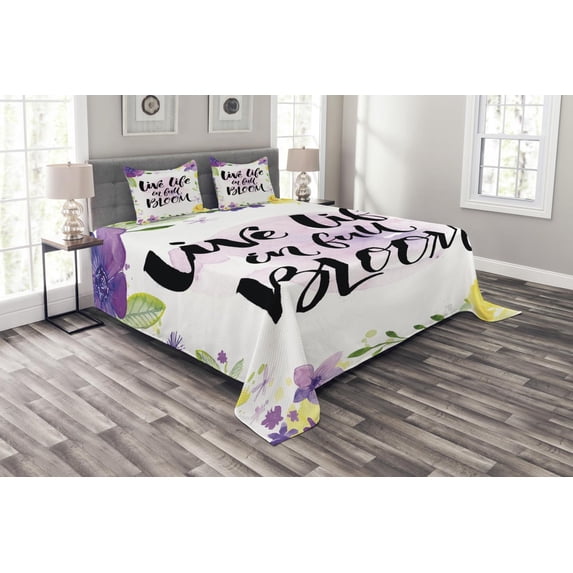 Ambesonne Lifestyle Quilted Bedspread Set 3 Pcs, Floral Violets Bloom, King Size, Purple and Yellow