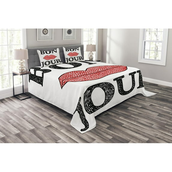 Ambesonne Lifestyle Quilted Bedspread Set 3 Pcs, Vintage Bon Jour Words, King Size, Black Red