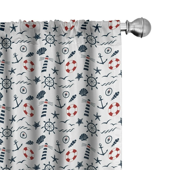 Ambesonne Lighthouse Window Curtains, Nautical Wave Helms, Each 28" W x 84" L, Indigo Red White