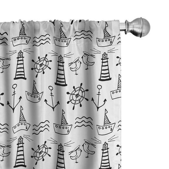 Ambesonne Lighthouse Curtains, Doodle Nautical Wave, Pair of 28"x63", Black White