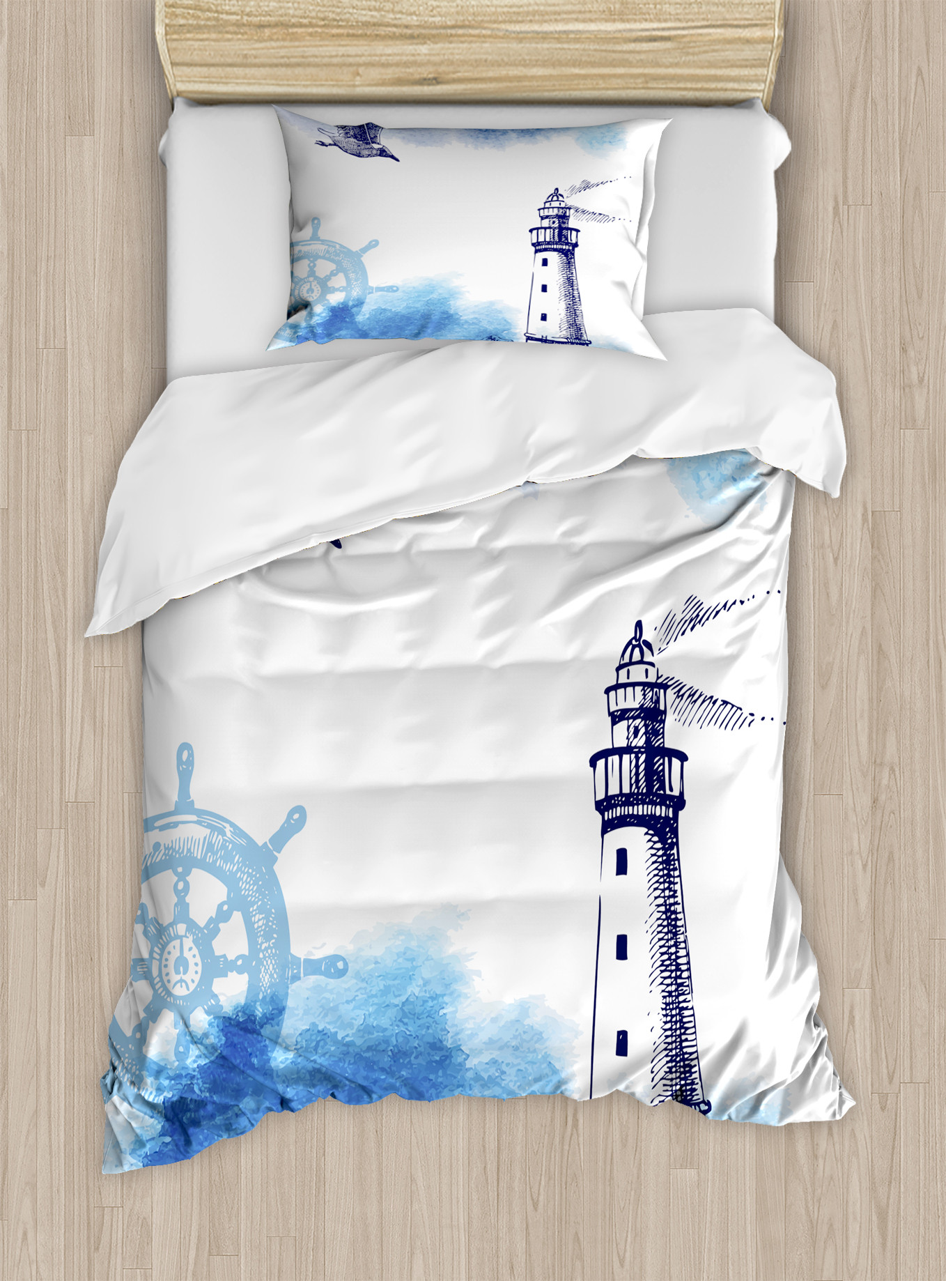 ABAKUHAUS Set Di 2 Federe Per Cuscini 45x45 Cm Con Stampa Anchor - Design Handdrawn, Blu E Bianco, Tessuto Microfibra Morbido, Fatto In Turchia