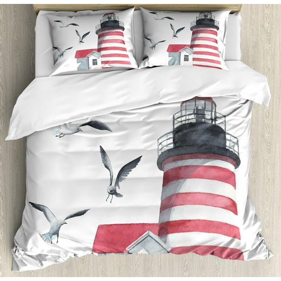 Ambesonne Lighthouse Duvet Cover Sets, Seagulls Beach Sea, 2-Queen, Red Grey White