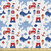 Ambesonne Lighthouse Fabric by the Yard Upholstery, Animal Pattern Shell, 1 Yard, Blue Red White