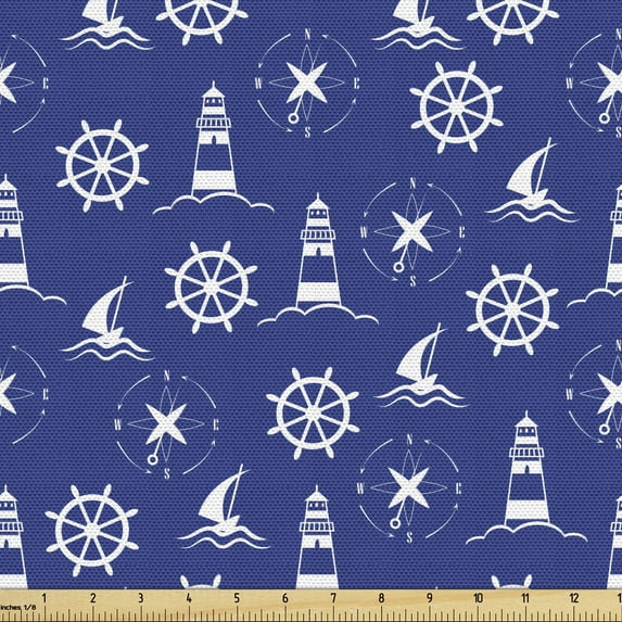 Ambesonne Lighthouse Fabric by the Yard Upholstery, Maritime Silhouettes, 10 Yards, Violet Blue White