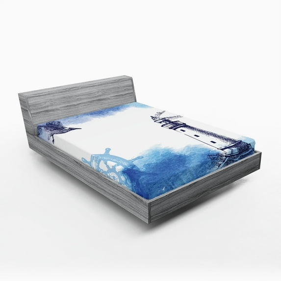 Ambesonne Lighthouse Fitted Sheet 2 Pcs Set, Handdrawn Art Anchor, Queen, Blue and White