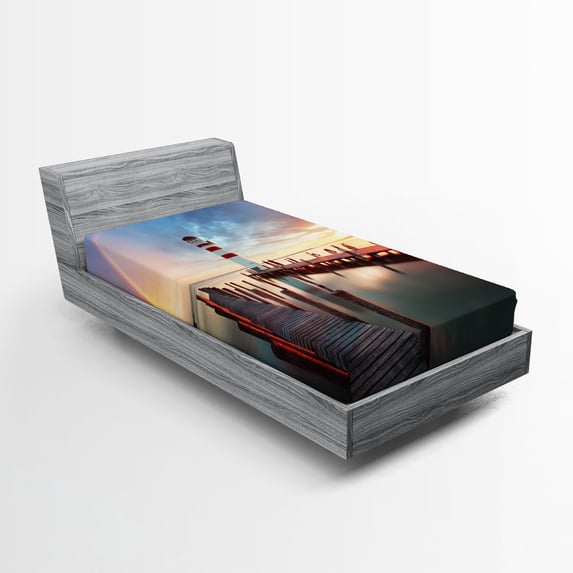 Ambesonne Lighthouse Fitted Sheet, Clouds Sunset at Sea, Twin XL Size, Multicolor