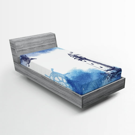 Ambesonne Lighthouse Fitted Sheet, Handdrawn Art Anchor, Twin Size, Blue and White