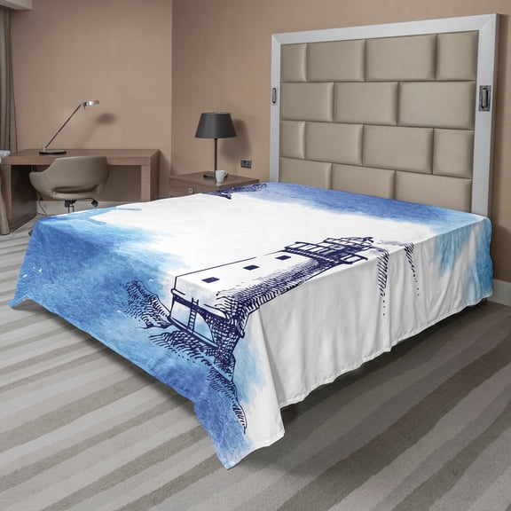 Ambesonne Lighthouse Flat Sheet, Handdrawn Art Anchor, California King, Blue and White