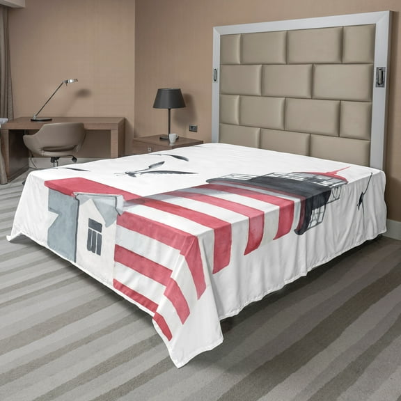 Ambesonne Lighthouse Flat Sheet, Seagulls Beach Sea, King Size, Red Grey White