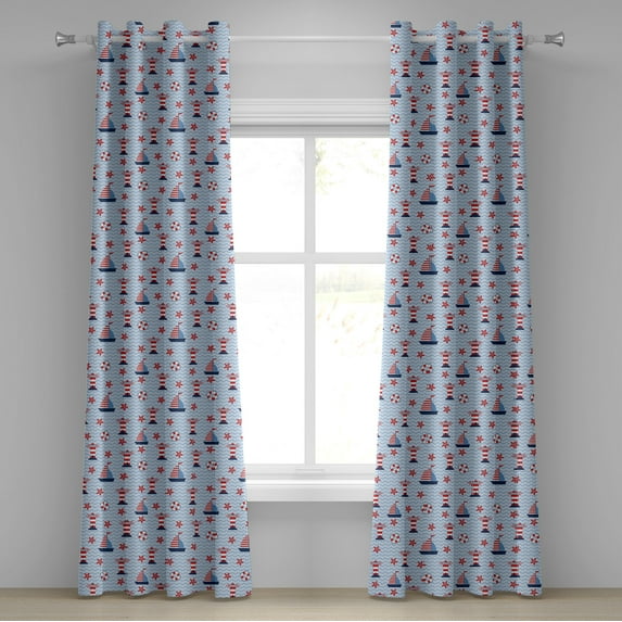 Ambesonne Lighthouse Grommet Curtain, Ocean and Waves, 50" x 96", Pale Blue Red White