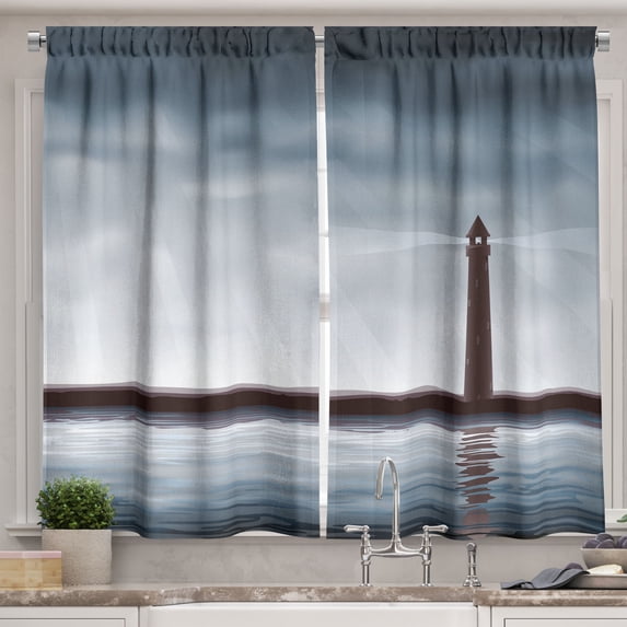 Ambesonne Lighthouse Kitchen Curtains, Marine Life Theme, 55"x39", Bluegrey Chocolate