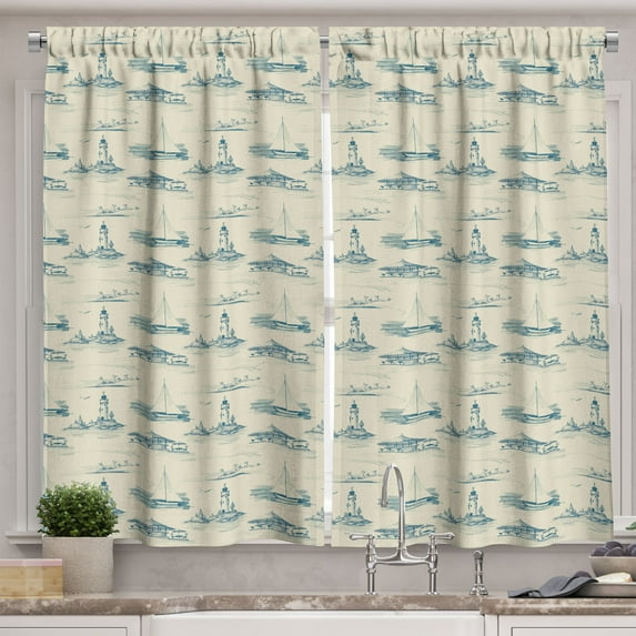 Ambesonne Lighthouse Kitchen Curtains, Summertime Lines Print, 55"x45", Dark Blue Beige