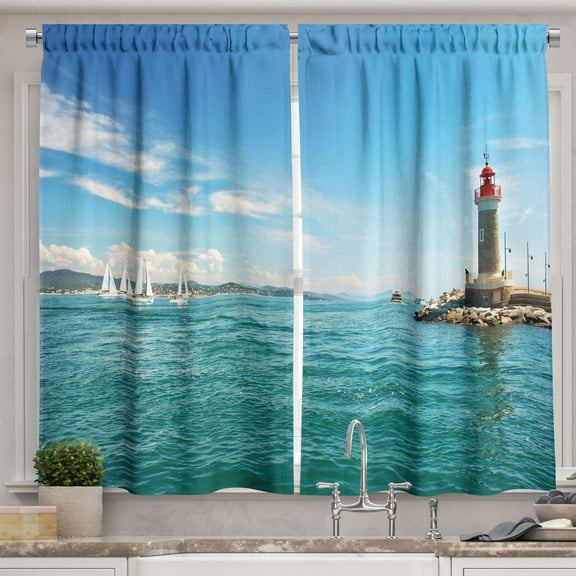 Ambesonne Lighthouse Kitchen Curtains, Sunny Day by the Sea, 55"x30", Multicolor