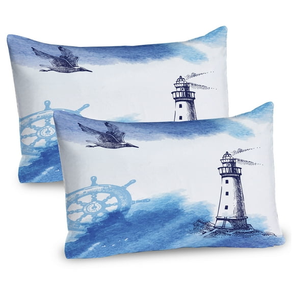 Ambesonne Lighthouse Pillow Sham 2 Pack, Handdrawn Art Anchor, 30"x20", Blue and White