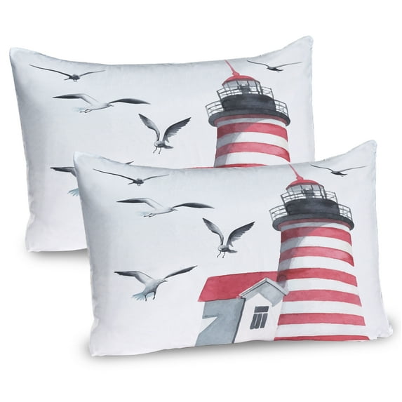 Ambesonne Lighthouse Pillow Sham 2 Pack, Seagulls Beach Sea, 36"x20", Red Grey White