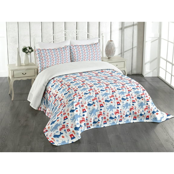 Ambesonne Lighthouse Quilted Bedspread Set 3 Pcs, Animal Pattern Shell, King Size, Blue Red White