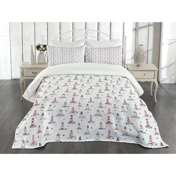 Ambesonne Lighthouse Quilted Bedspread Set 3 Pcs, Aqua Notebook Design, King Size, Pink Lilac Black