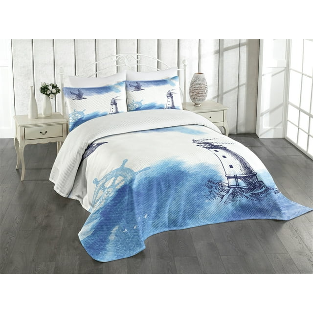 Ambesonne Lighthouse Quilted Bedspread Set 3 Pcs, Handdrawn Art Anchor, King Size, Blue and White