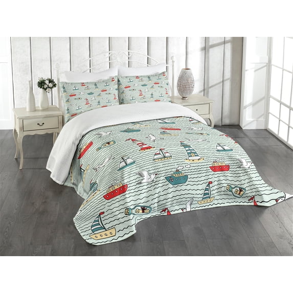 Ambesonne Lighthouse Quilted Bedspread Set 3 Pcs, Message Bottle Gulls, Queen Size, Multicolor