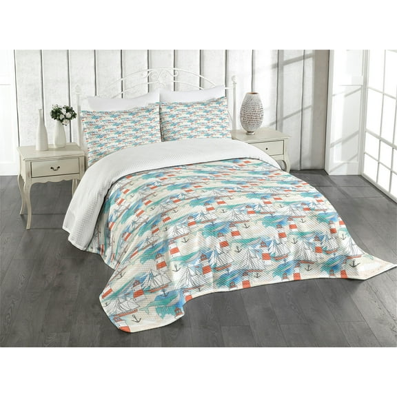 Ambesonne Lighthouse Quilted Bedspread Set 3 Pcs, Nautical Whale Boats, King Size, Multicolor
